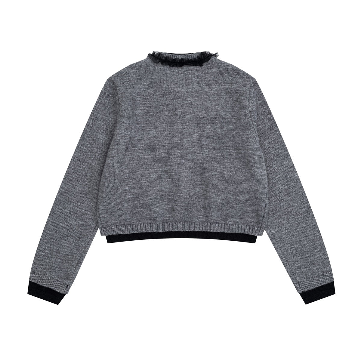 Back view of a gray cropped knit cardigan with long sleeves, a black ruffled neckline, and black contrast cuffs and hem.