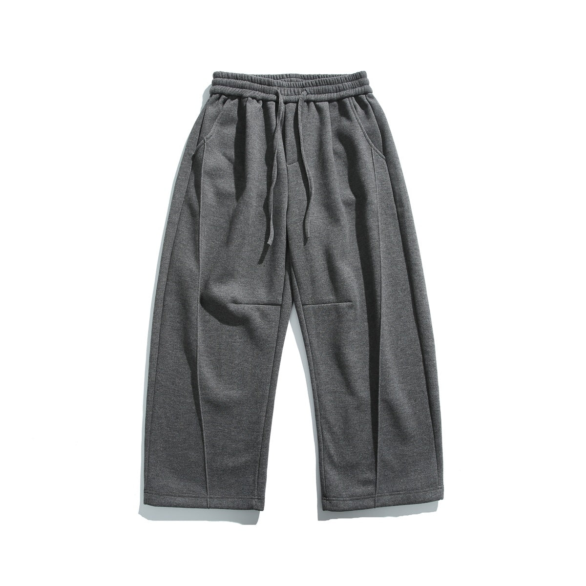 Dark gray wide-leg drawstring pants, flat lay, front view with elastic waistband and seam lines
