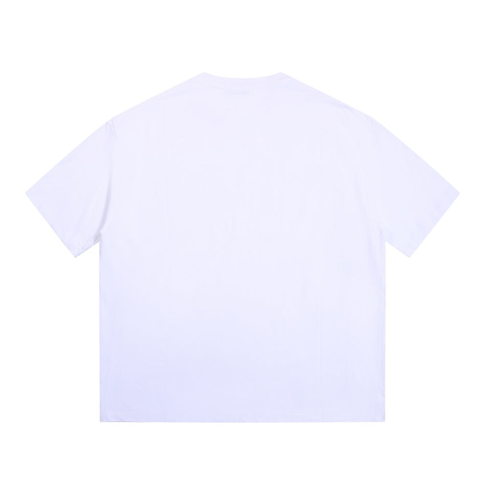 Back view of a plain white short-sleeve crew-neck T-shirt laid flat.