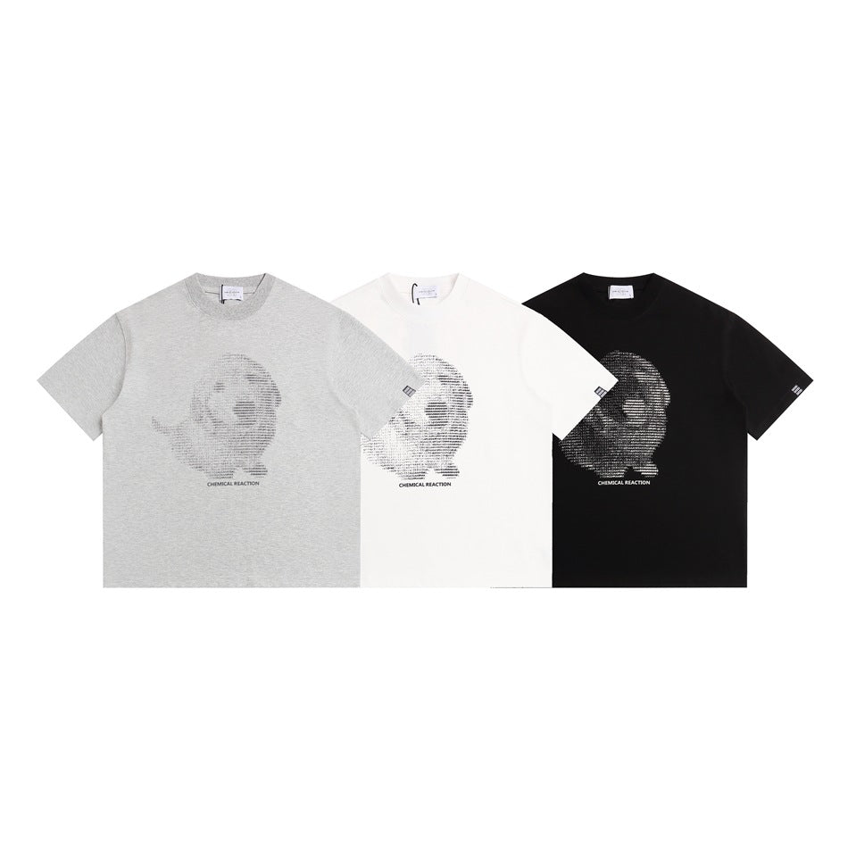 Three short-sleeve crew-neck T-shirts shown from the front in gray, white, and black, each with a face graphic.
