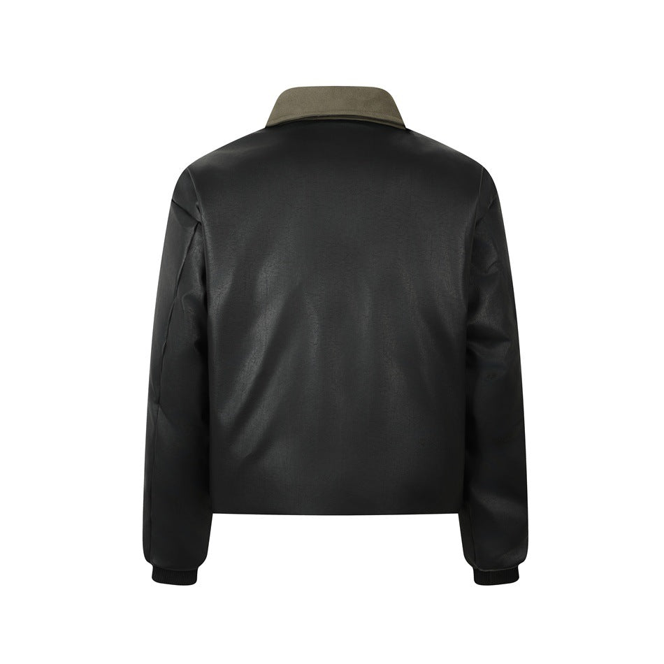 Back view of black faux leather jacket with olive collar and ribbed cuffs
