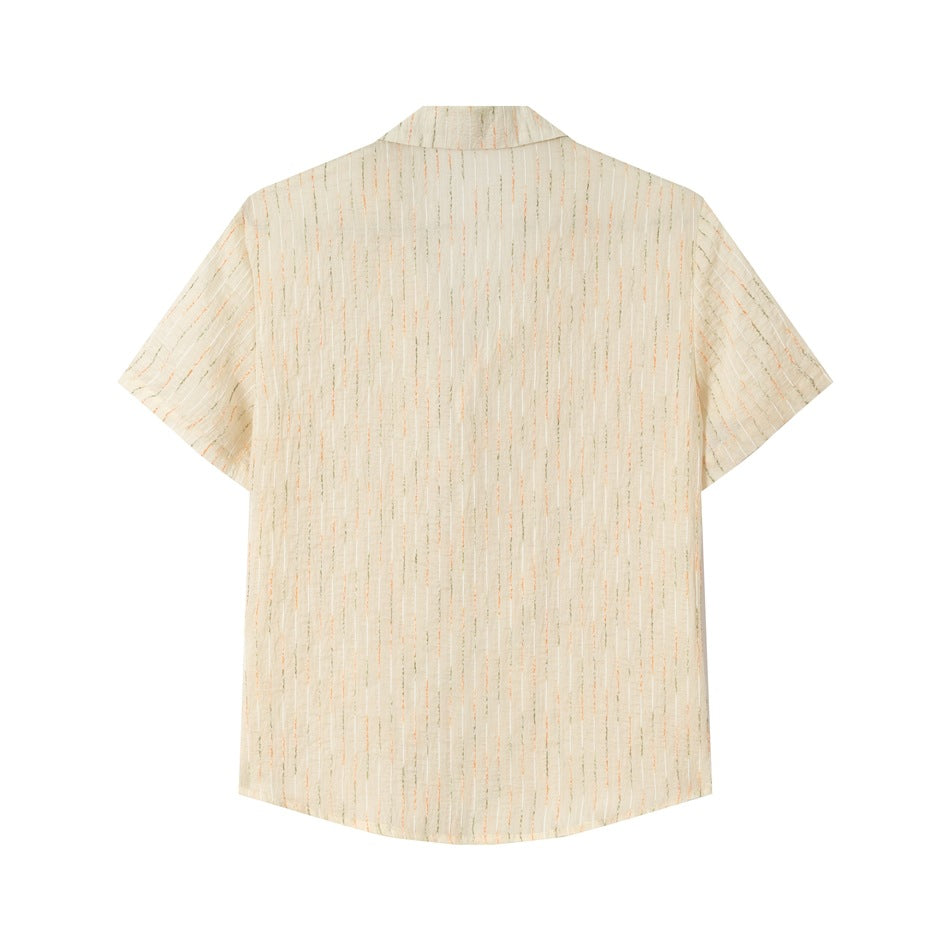 Back view of apricot-beige striped short-sleeve shirt with fine vertical white, orange and green stripes
