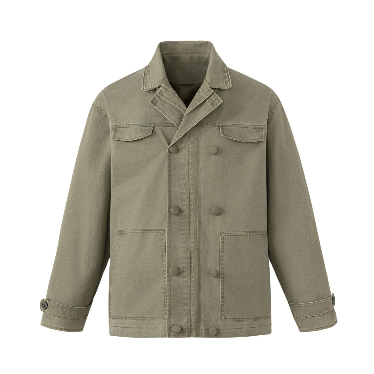 Olive green double-breasted washed jacket with flap chest pockets and large patch pockets, front flat view