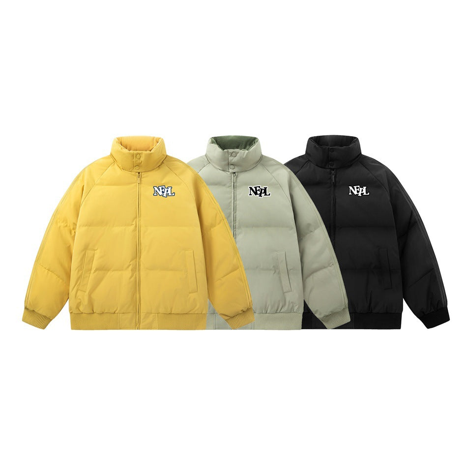 Three padded zip jackets shown from the front in mustard yellow, light sage, and black, each with a chest emblem.