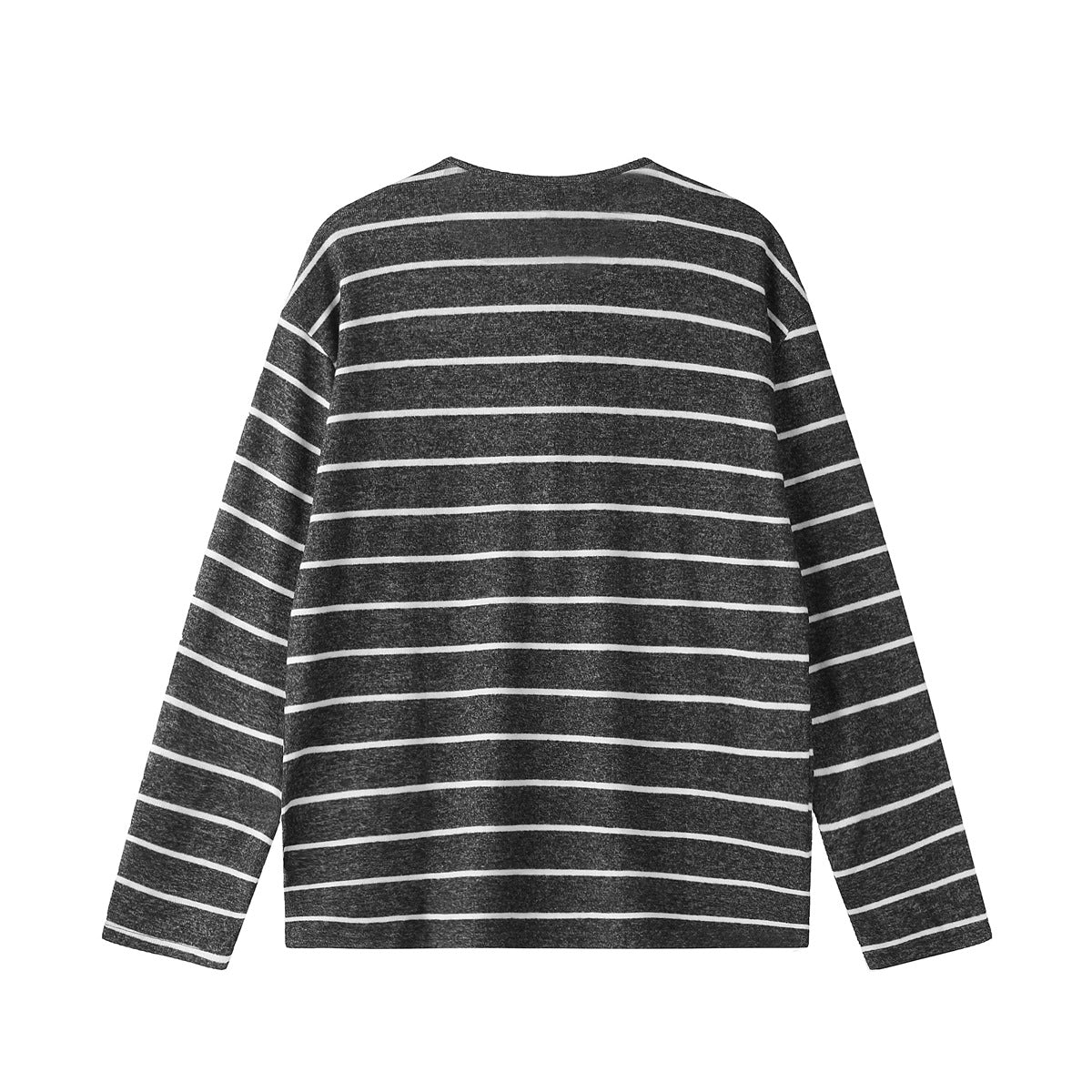 Back view of a charcoal gray long-sleeve shirt with thin white horizontal stripes.