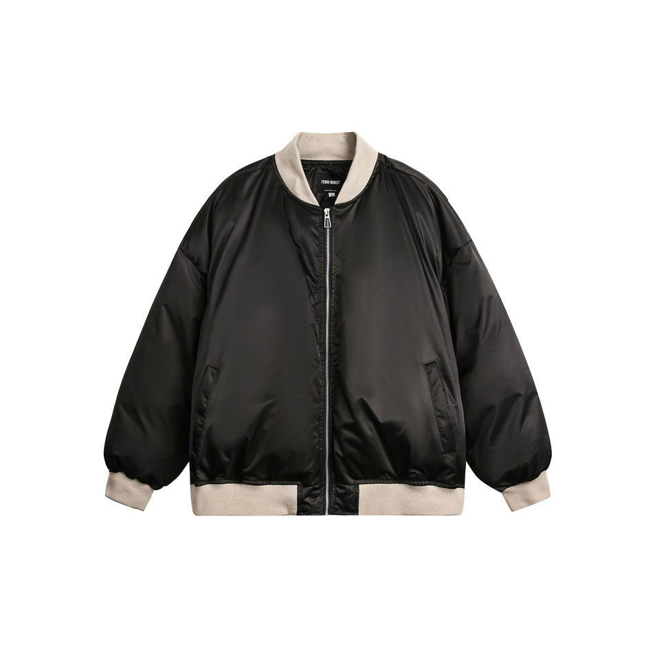 Black satin-look bomber jacket with beige ribbed collar, cuffs and hem, front zipper, flat lay