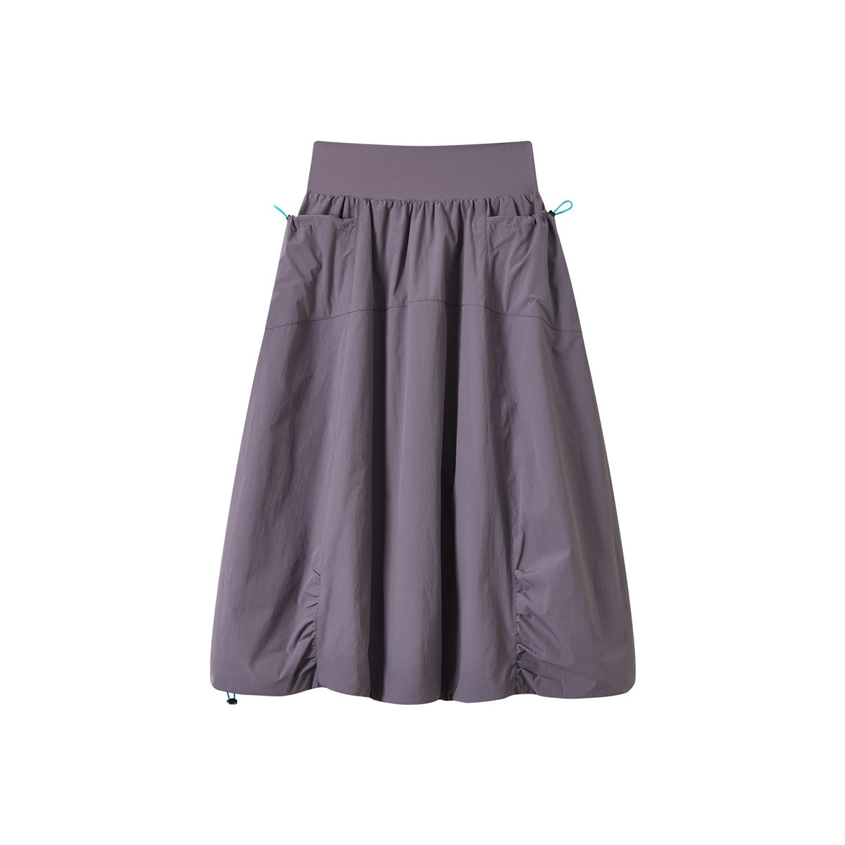 Front view of a muted lavender flared skirt with a wide waistband, gathered pockets, and turquoise cord loops.
