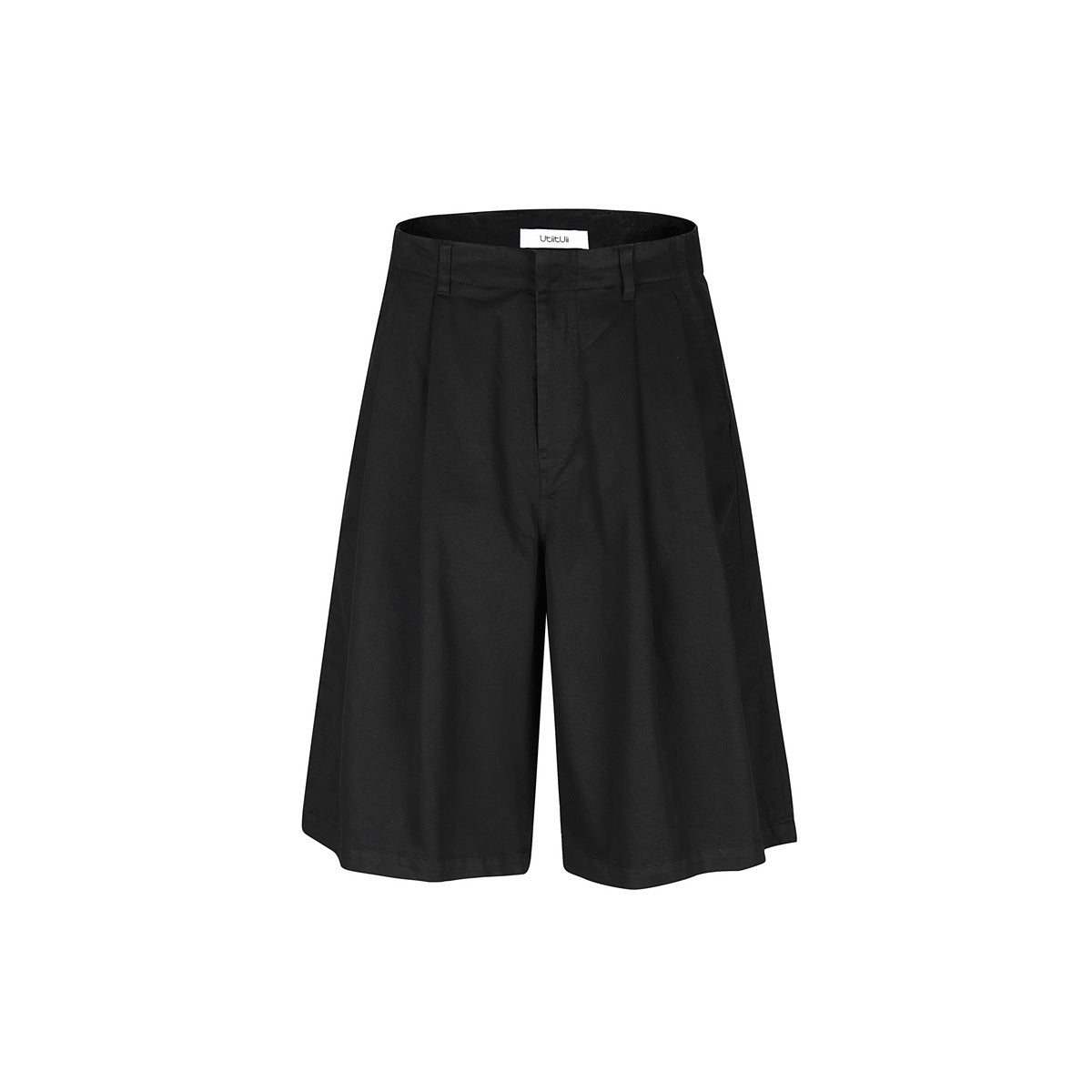Front view of black wide-leg shorts with belt loops, front pleats and a clean hem.