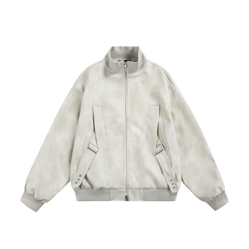 Beige mottled stand-collar zip jacket with ribbed trim and buckled side straps, front flat view