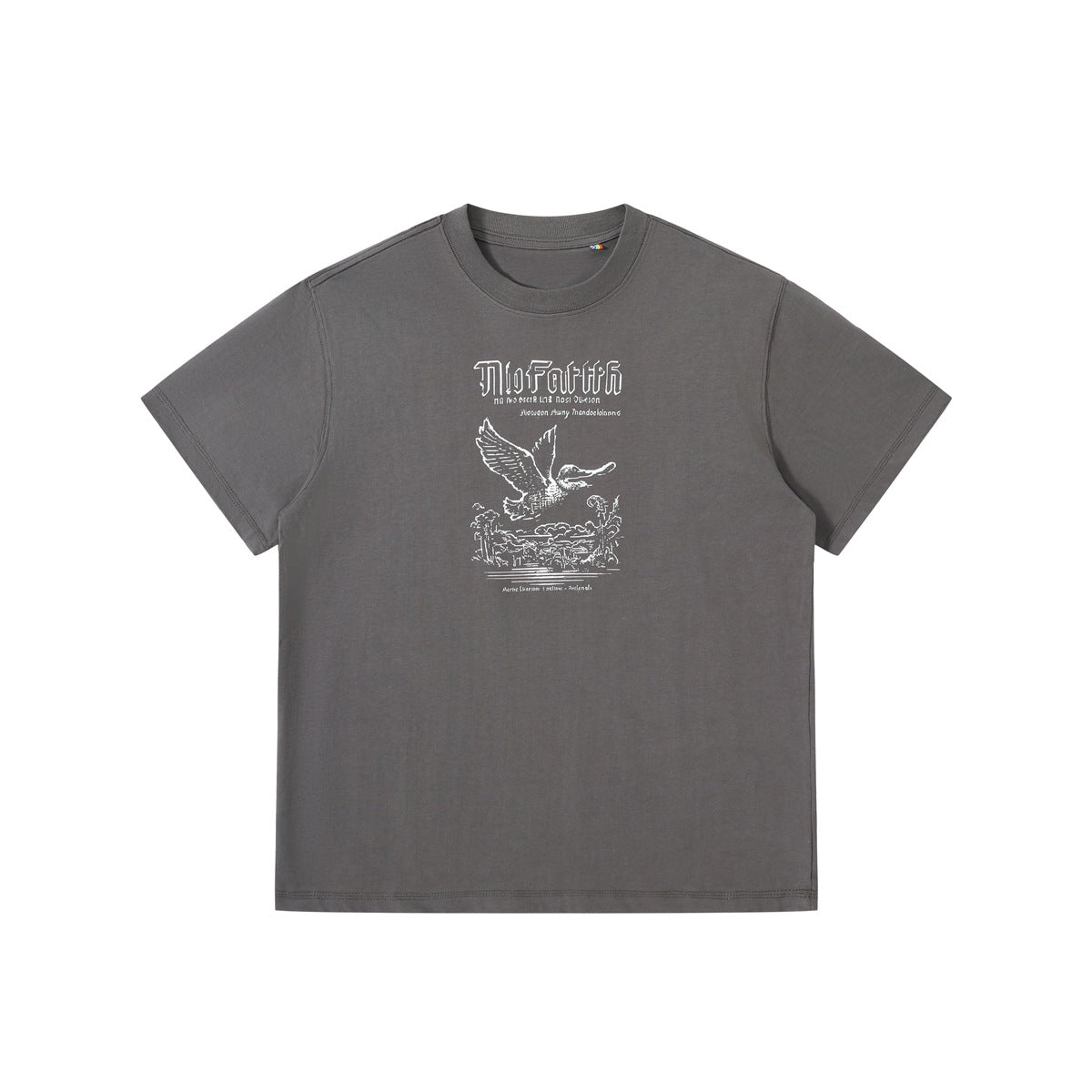 Gray short-sleeve crew-neck T-shirt with white flying duck line-art graphic on the chest, flat lay