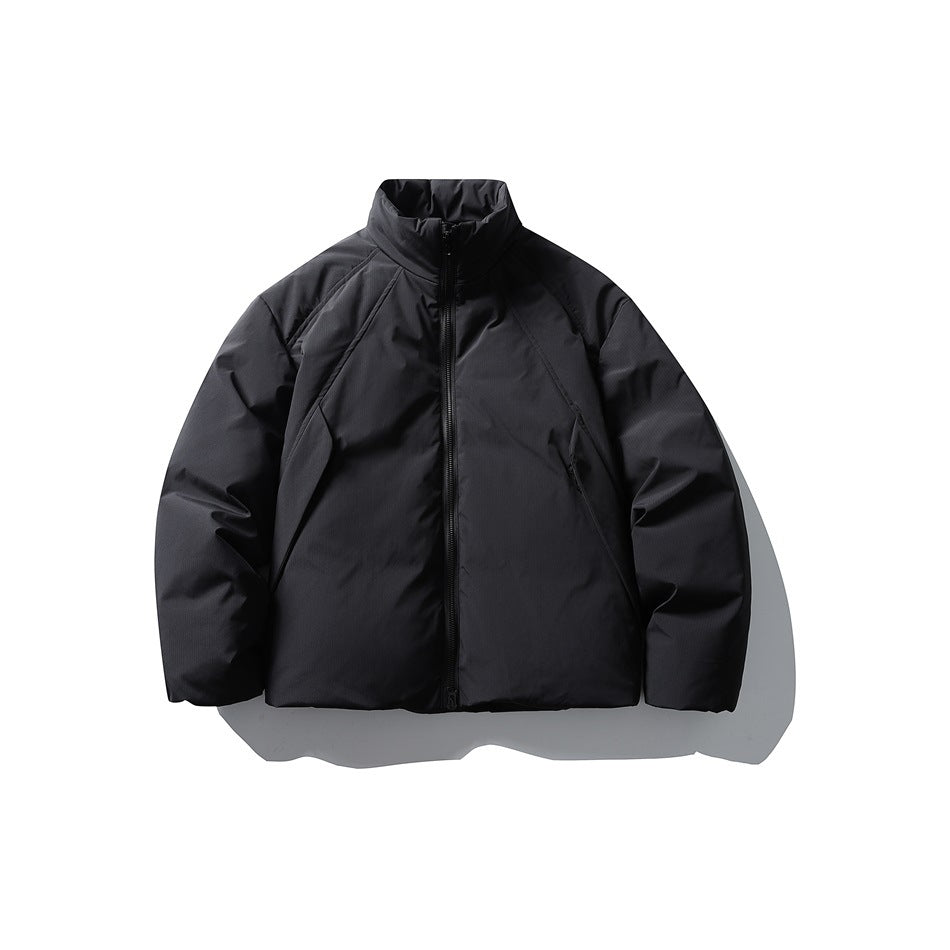 Black stand-collar puffer jacket with full front zipper, flat lay front view