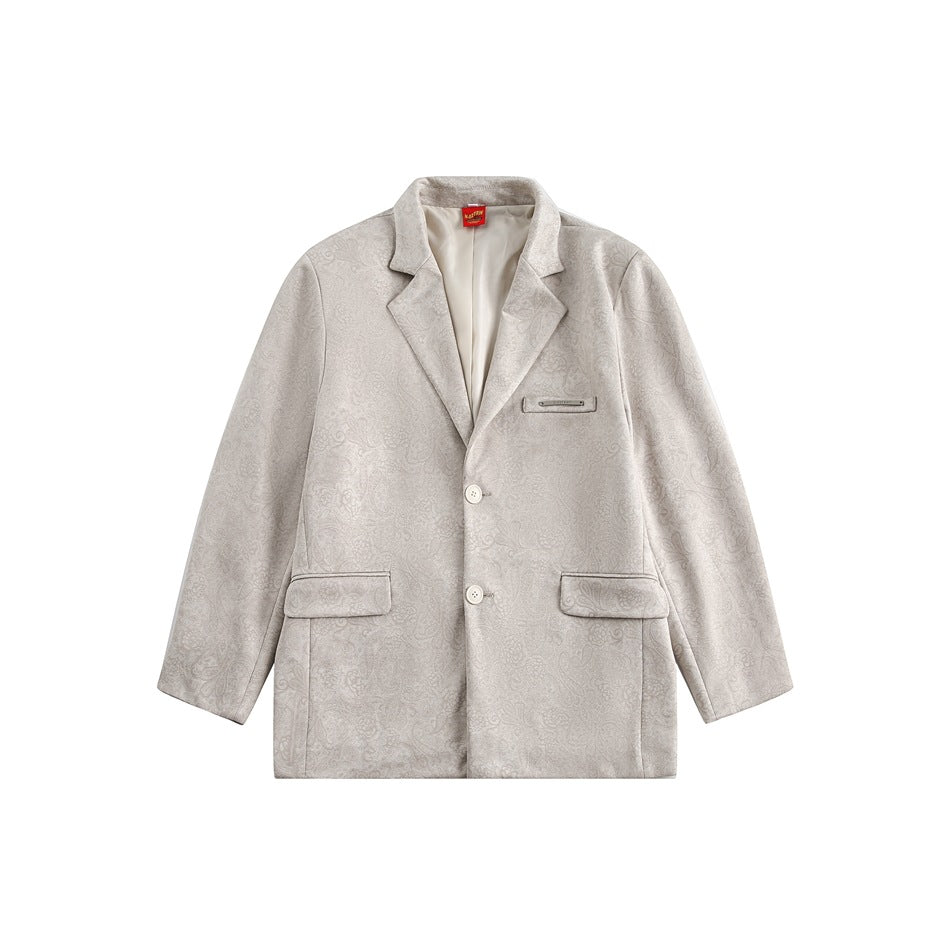Beige embossed paisley blazer-style jacket flat lay, front view with notch lapels, two buttons and flap pockets