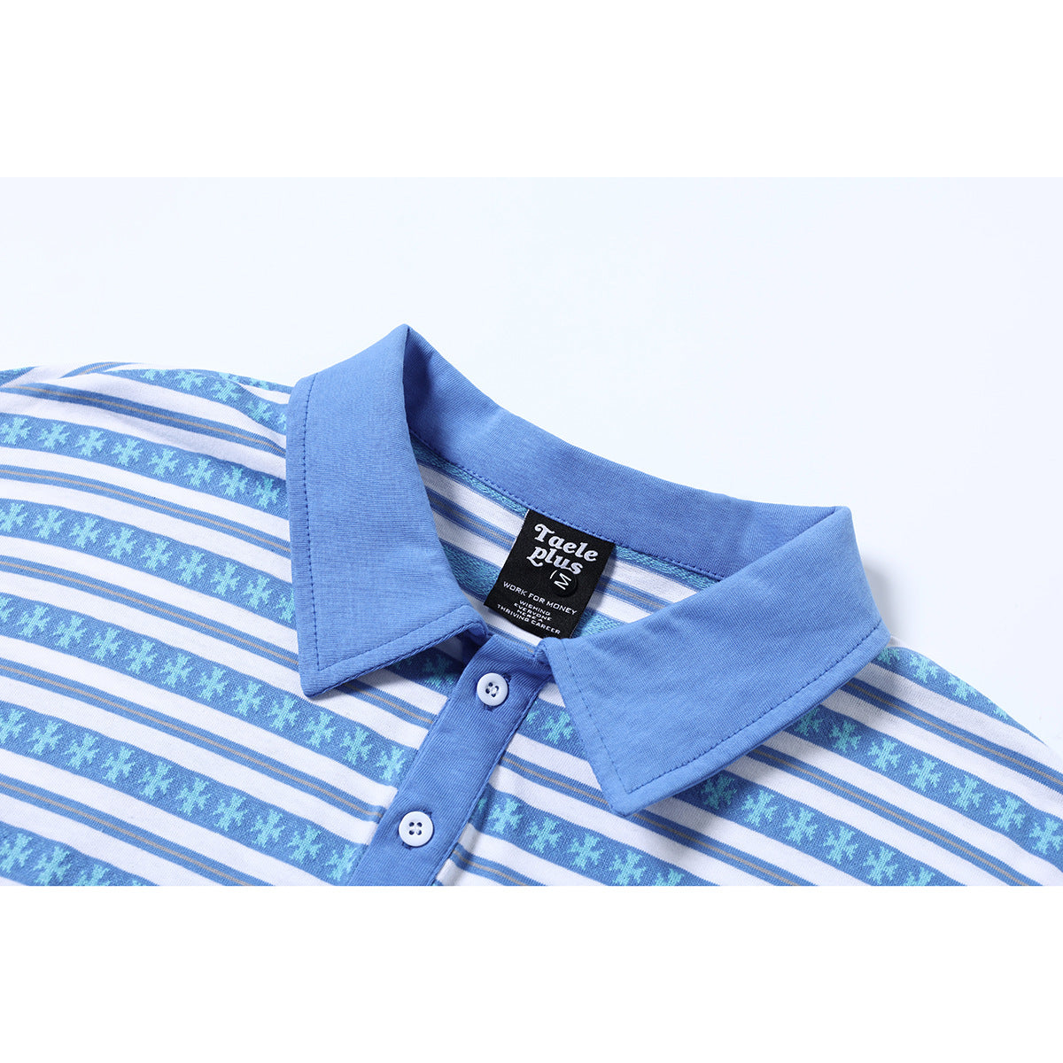 Close-up of a blue polo collar and placket with white buttons and blue, white, and gray patterned stripes.