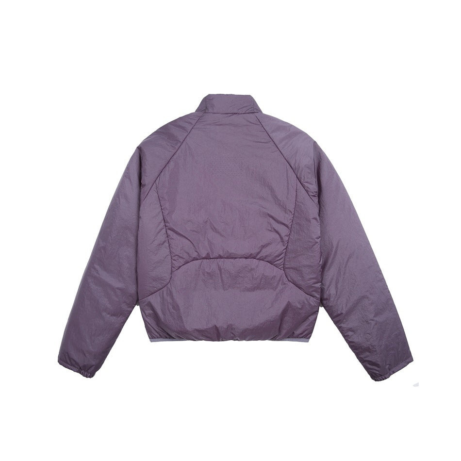 Back view of a muted purple jacket with a stand collar and curved panel seams.