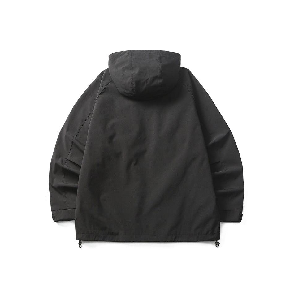 Back view of a black hooded jacket displayed flat against a white background.