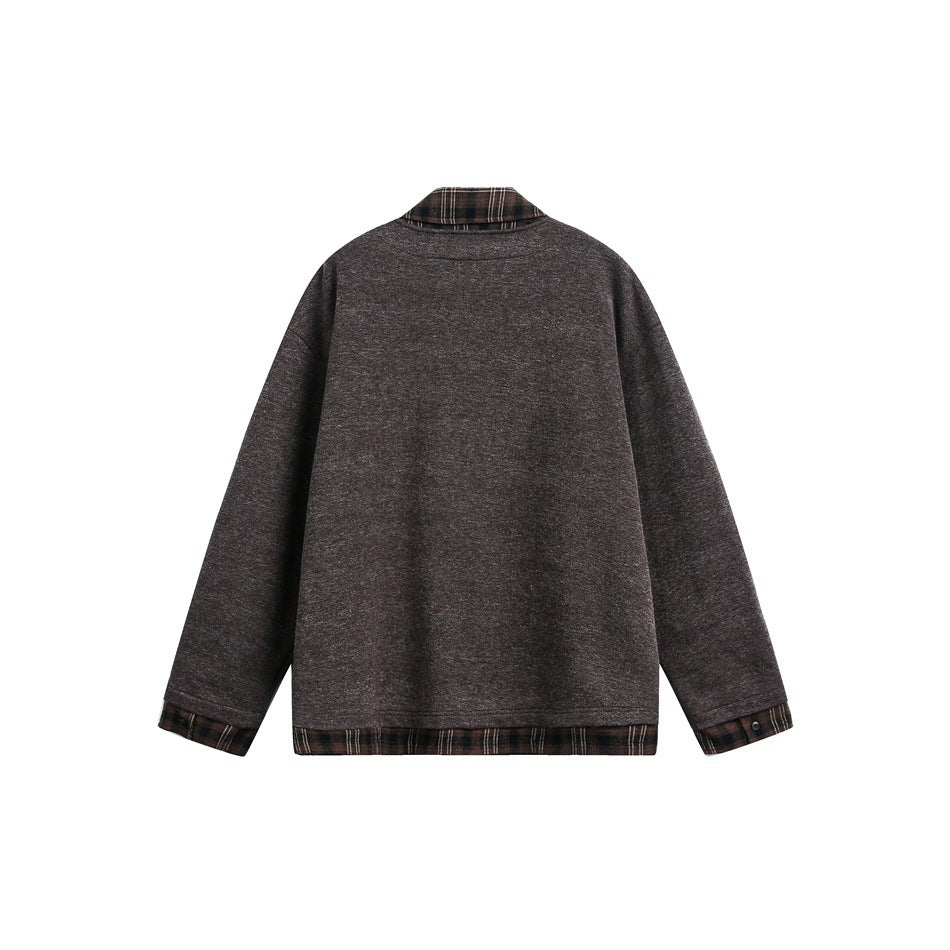 Back view of a brown jacket with plaid trim at the collar, cuffs, and hem.
