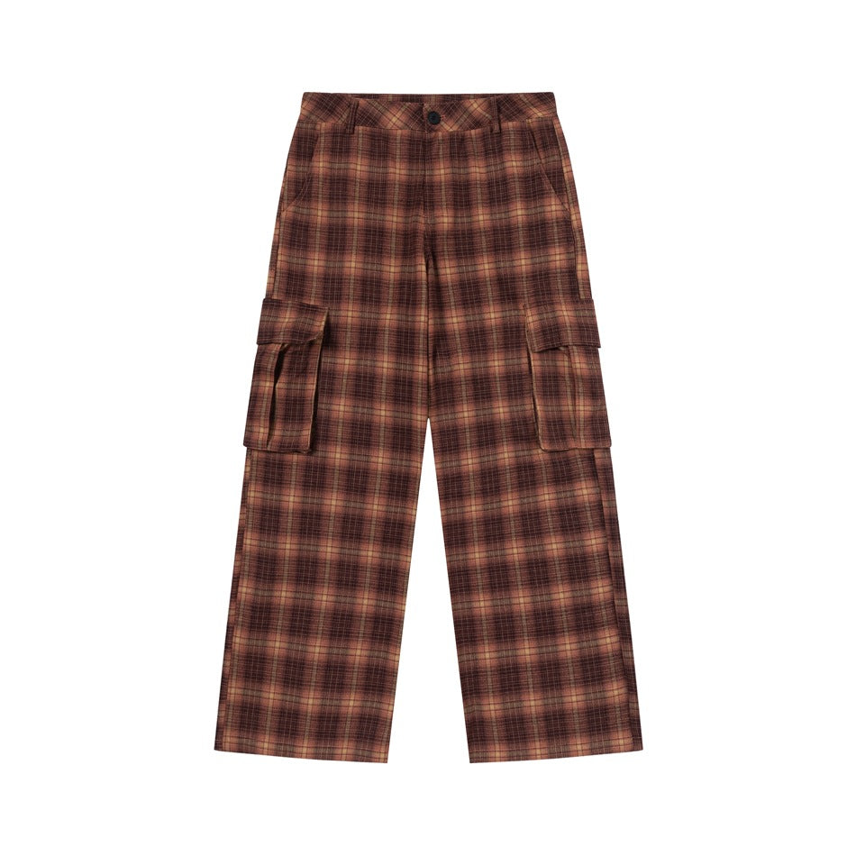 Red and brown plaid wide-leg cargo pants with large side flap pockets, flat lay front view