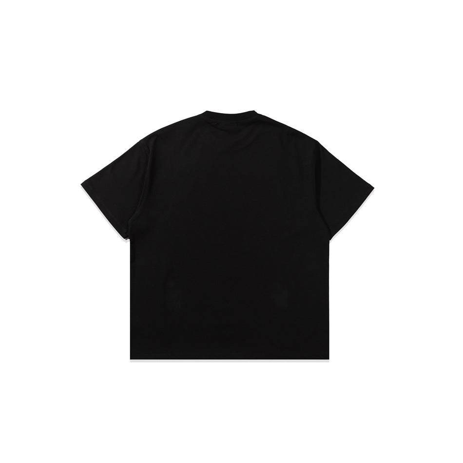 Flat back view of a plain black short-sleeve crew-neck T-shirt.