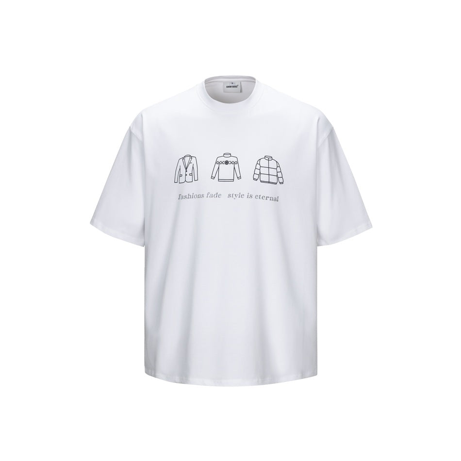 White short-sleeve crew neck T-shirt with a chest print of three outline garment icons and a slogan