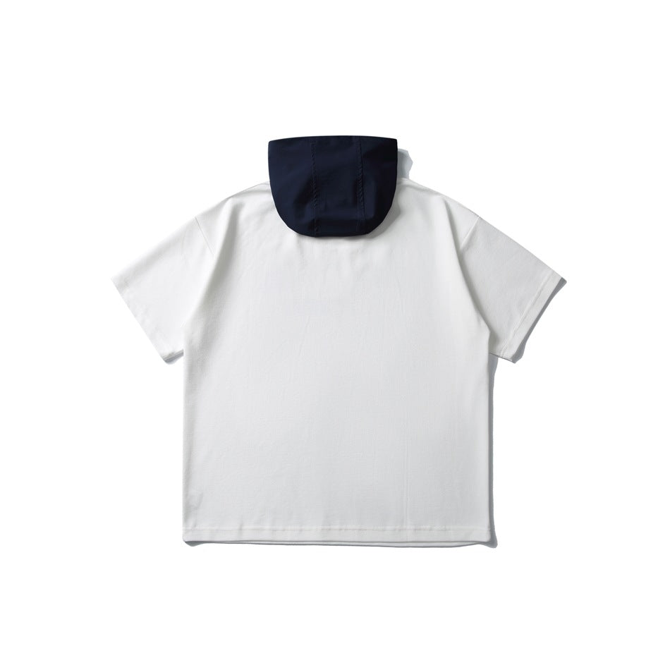 Back view of a white short-sleeve hoodie with a dark navy hood.
