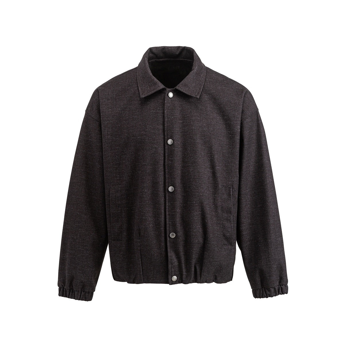 Dark charcoal-black collared snap-button jacket with front pockets and elastic cuffs and hem, flat front view