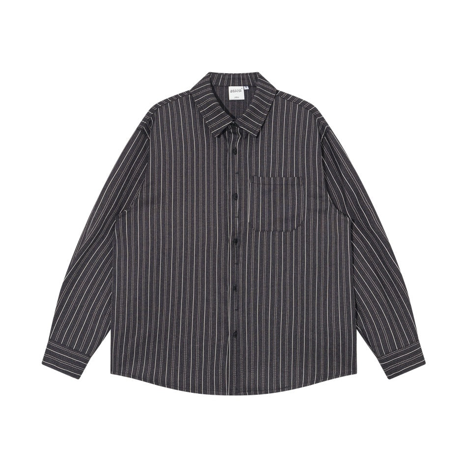 Black striped long-sleeve button-up shirt with chest pocket, flat front view