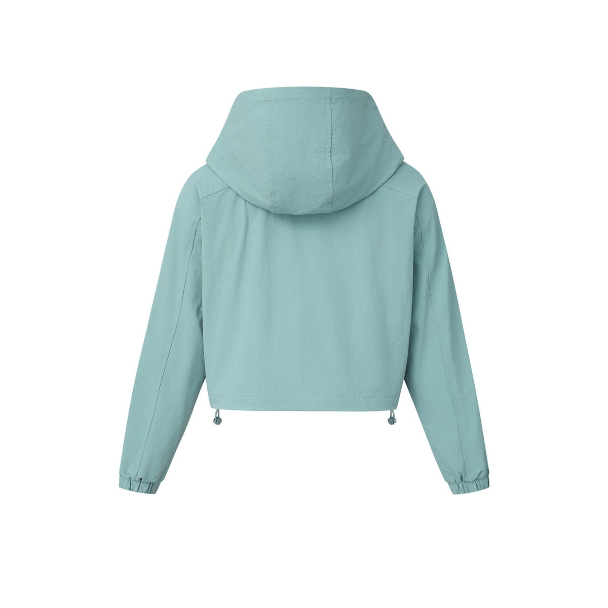 Back view of a pale aqua cropped jacket with a large hood, long sleeves, elastic cuffs and adjustable hem.