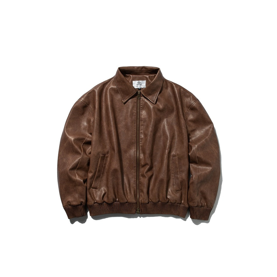 Brown washed faux-leather-look jacket with collar and front zipper, front view, flat lay