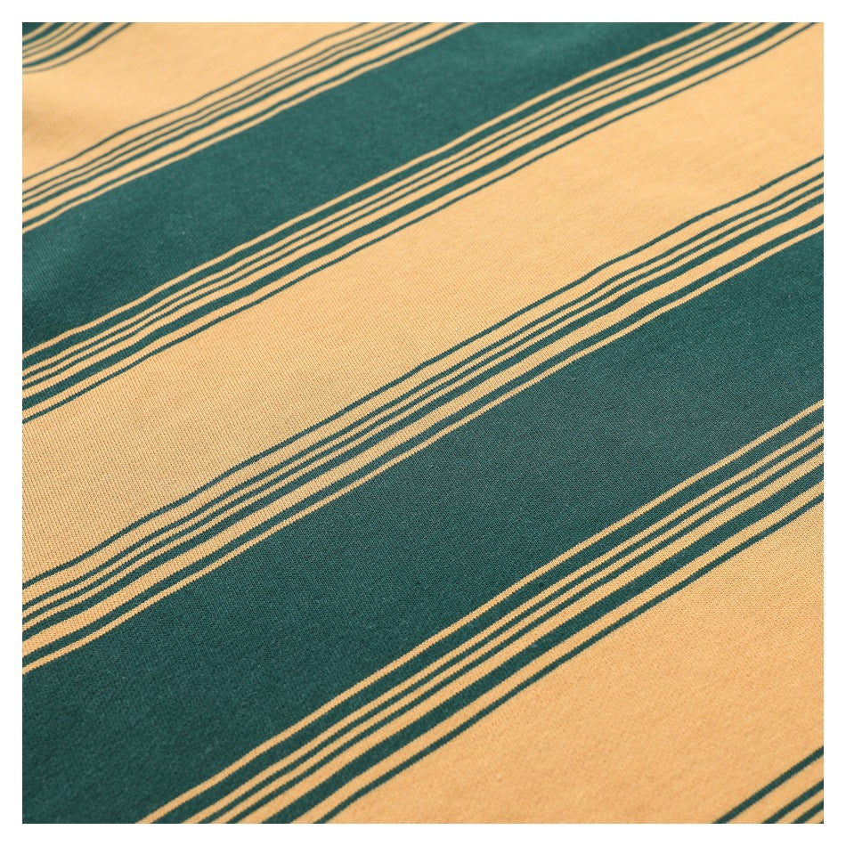 Close-up showing broad mustard and dark green stripes with narrow pinstripes on the garment.