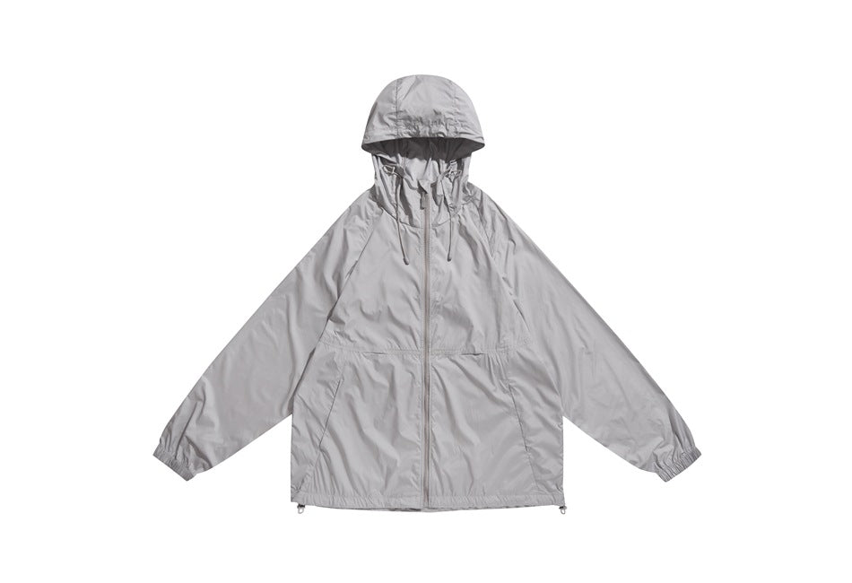 Gray hooded zip-up lightweight jacket flat lay, front view with drawcords, slanted pockets and hem toggles