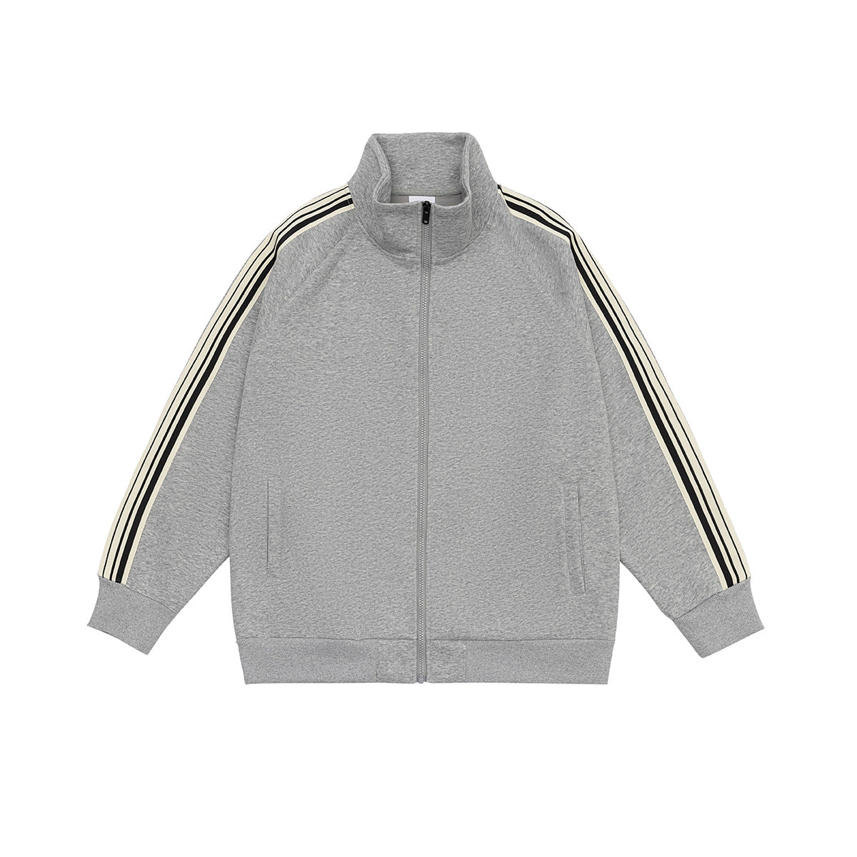 Heather gray zip-up track jacket with stand collar and cream and black striped sleeves, flat front view