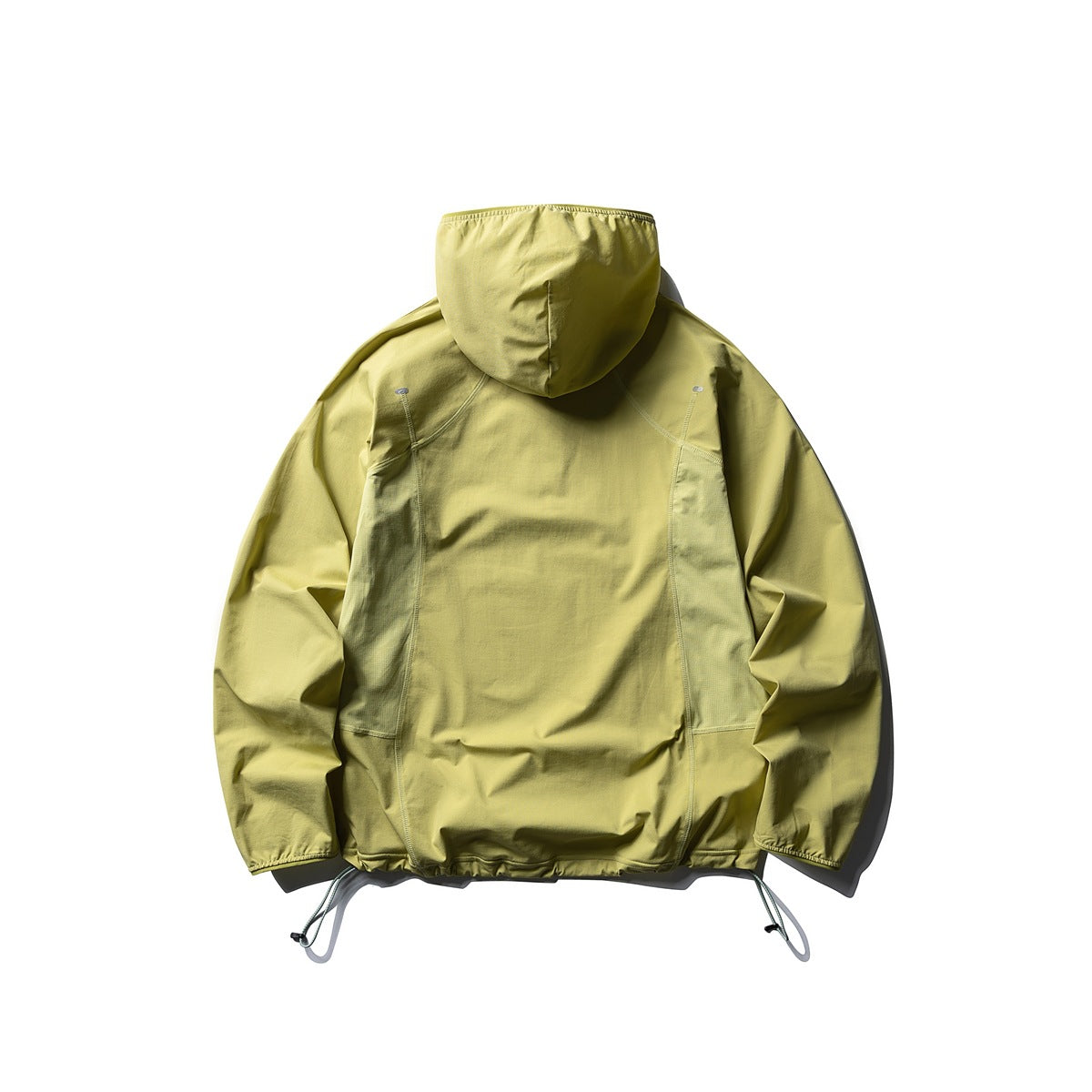 Back view of an olive-yellow hooded jacket with curved seams and adjustable drawcord hem, laid flat on white.