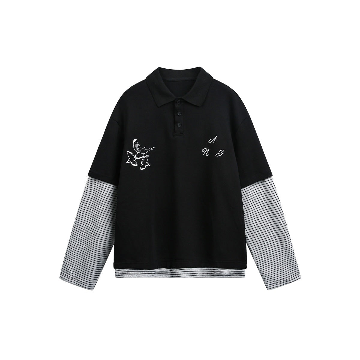 Black polo-style top with striped layered sleeves, white bird graphic and script lettering, flat front view