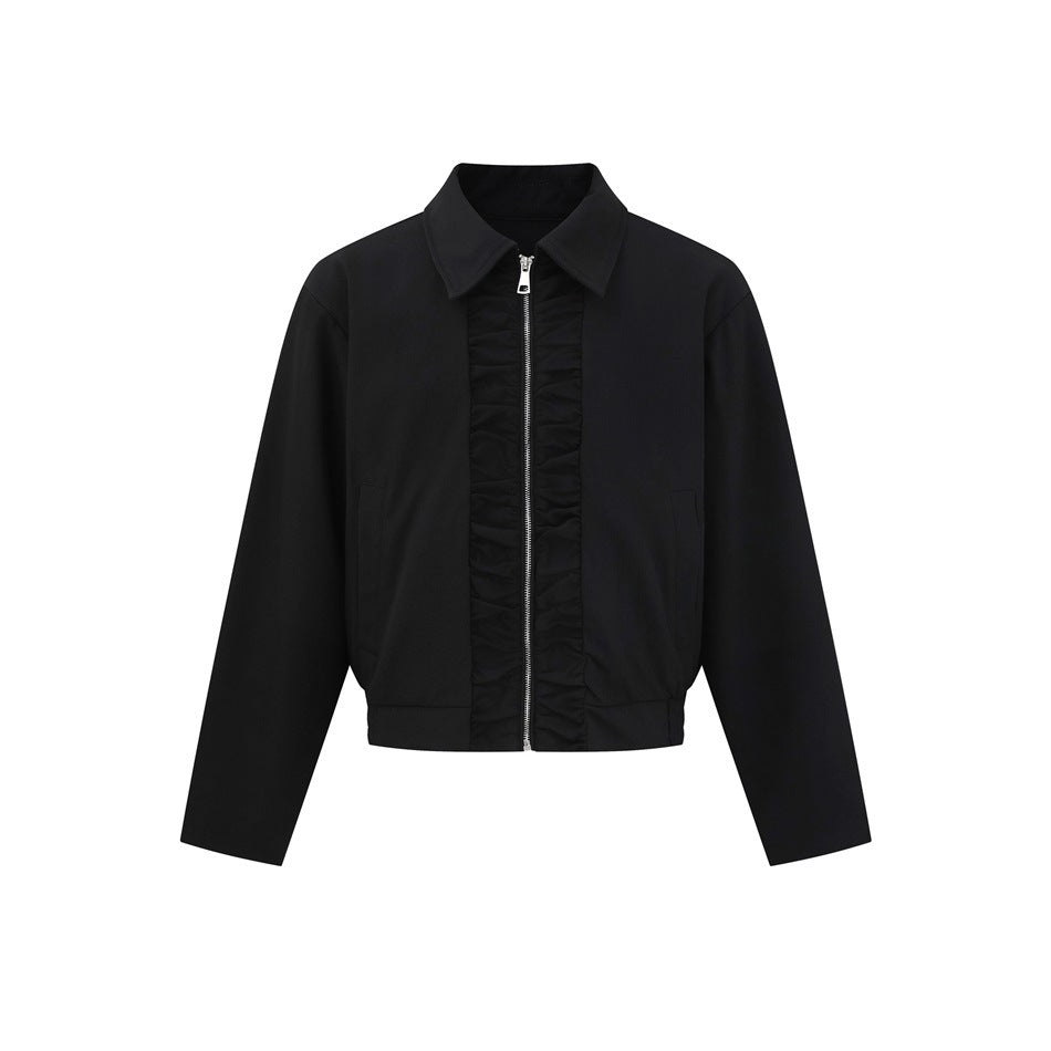 Black cropped zip jacket with pointed collar, ruched center panel along the zipper and elastic hem, flat front view