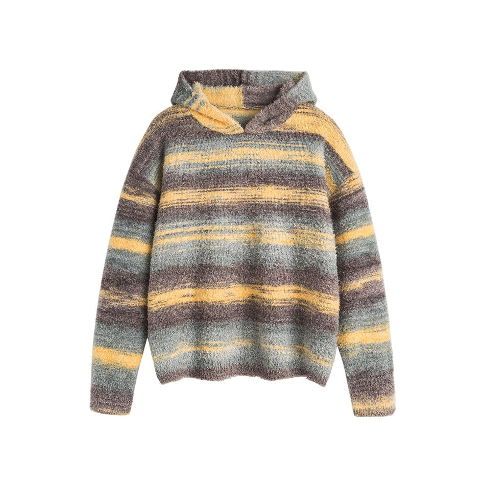 Gray, yellow and brown striped fuzzy knit hooded pullover sweater shown flat from the front
