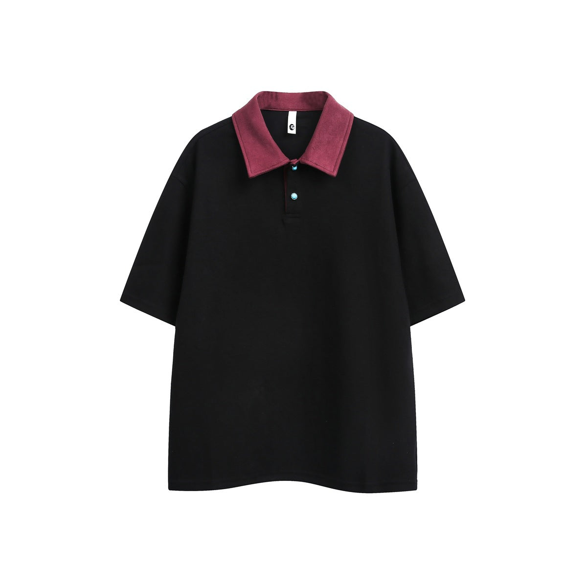 Black short-sleeve polo top with wine red contrast collar and two turquoise buttons, front flat view