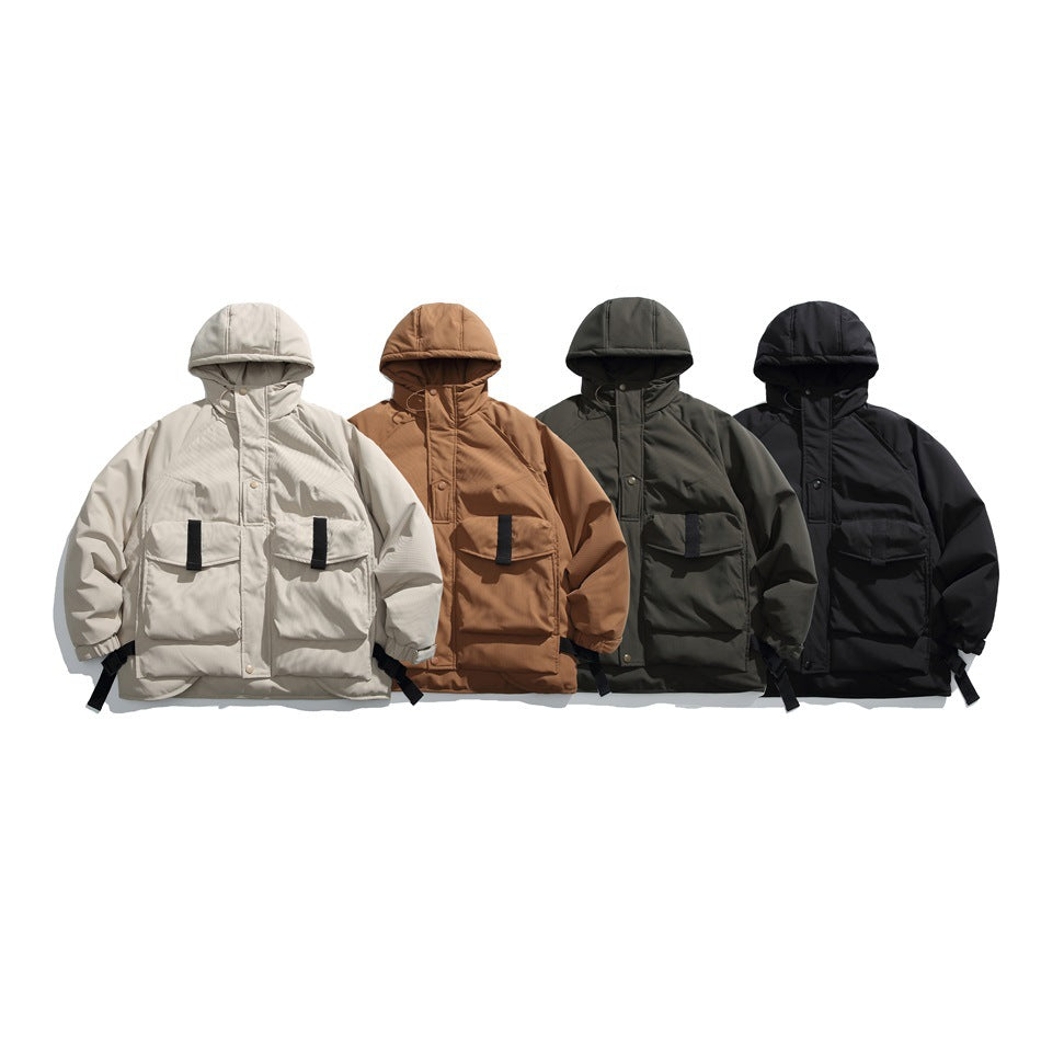 Four hooded jackets displayed side by side in light beige, brown, dark olive, and black.