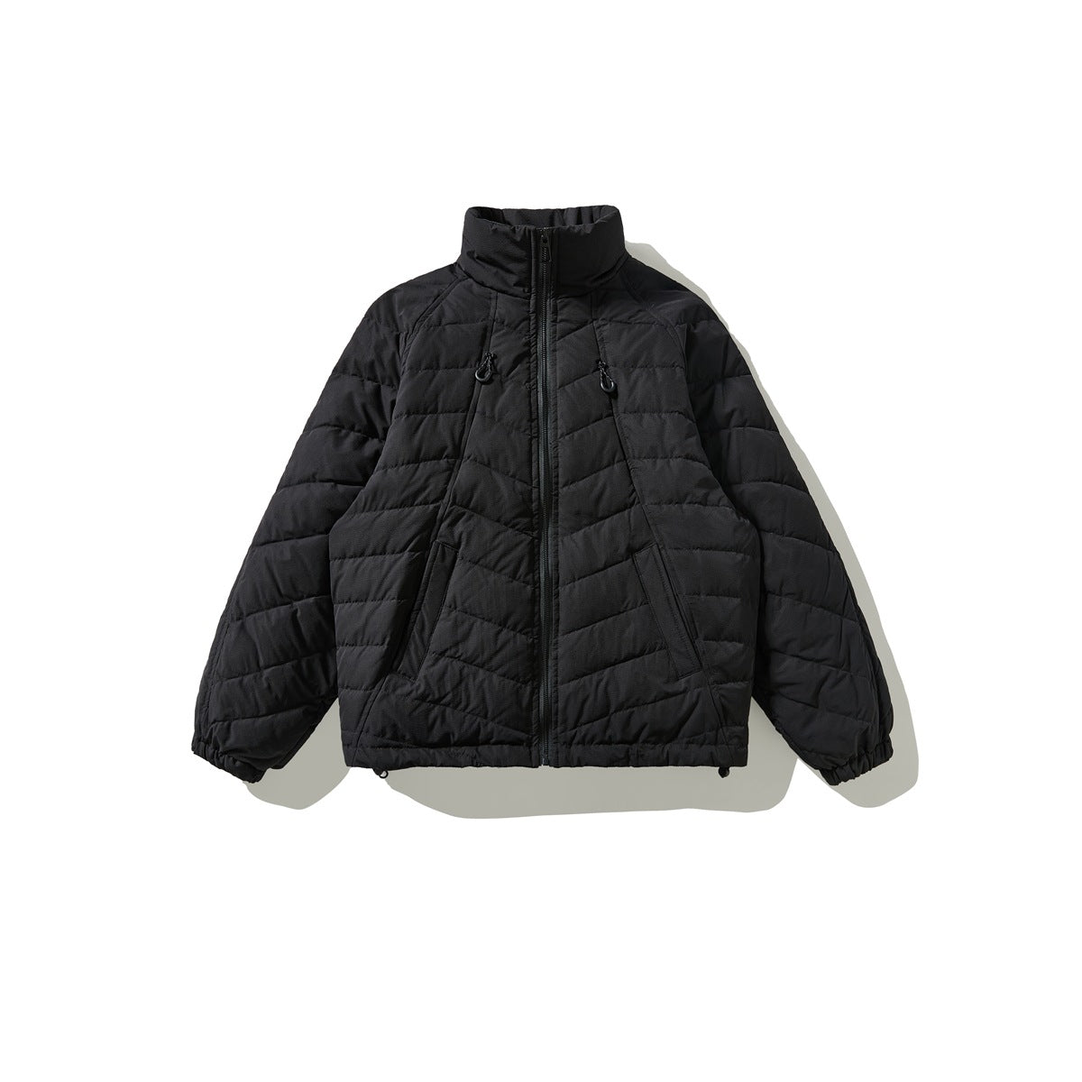 Black quilted stand-collar zip jacket with chevron quilting, flat front view