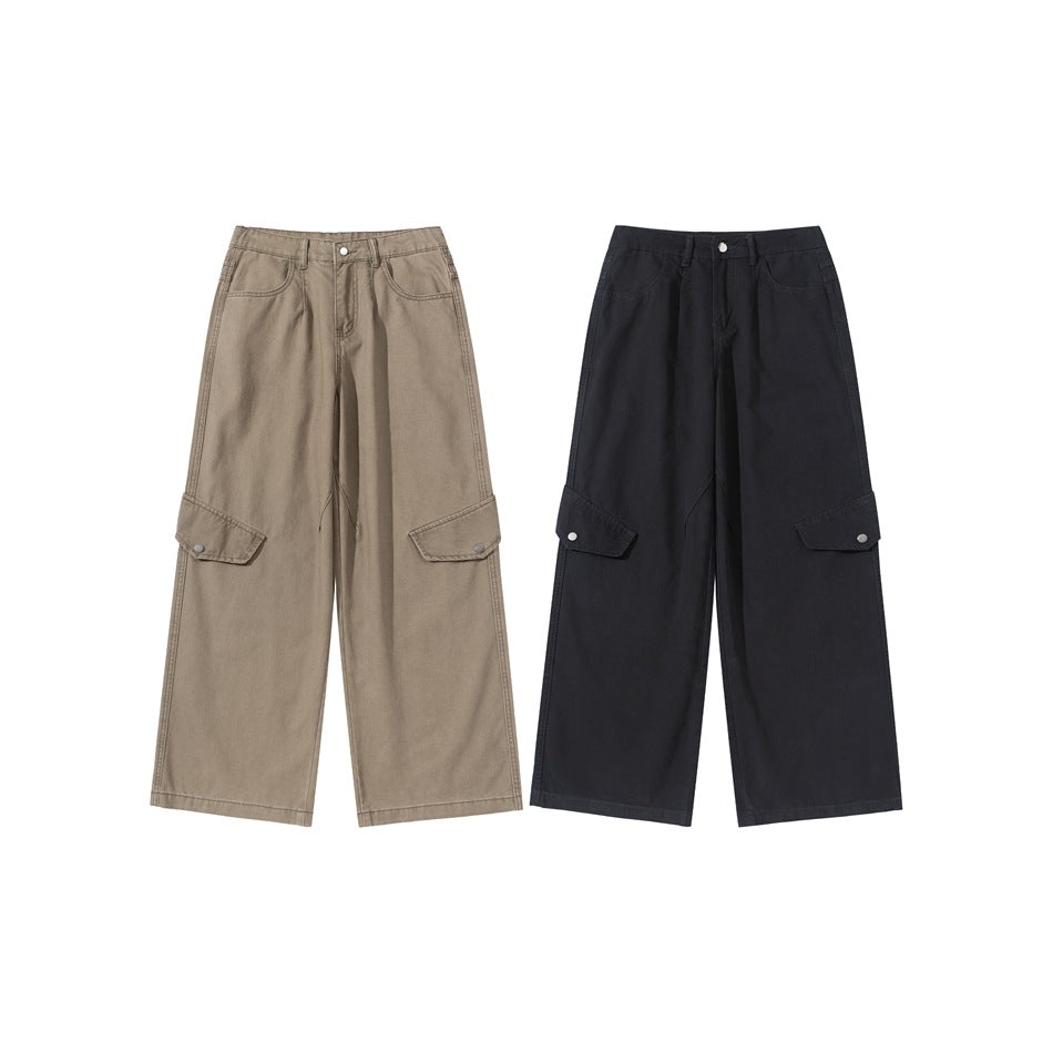 Two pairs of wide-leg cargo pants shown from the front in taupe and black, with flap pockets at the knees.