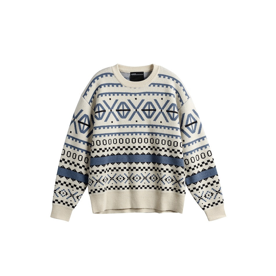 Cream crew-neck jacquard sweater with blue and black Fair Isle-style geometric pattern, flat front view