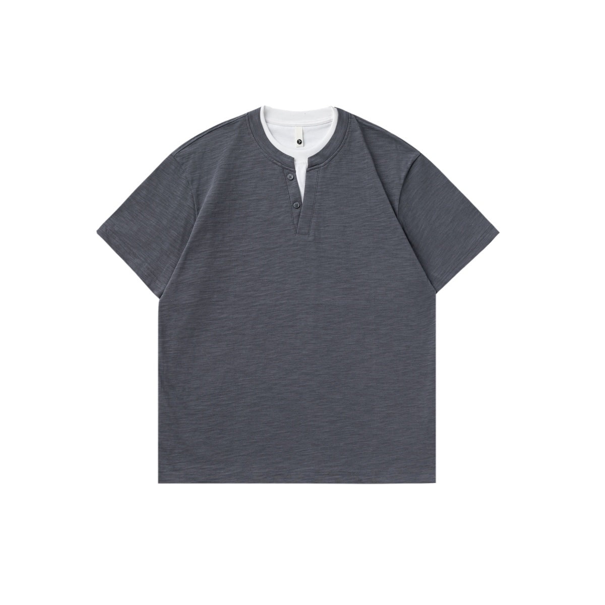 Dark gray short-sleeve T-shirt with white layered neckline and two-button placket, flat lay