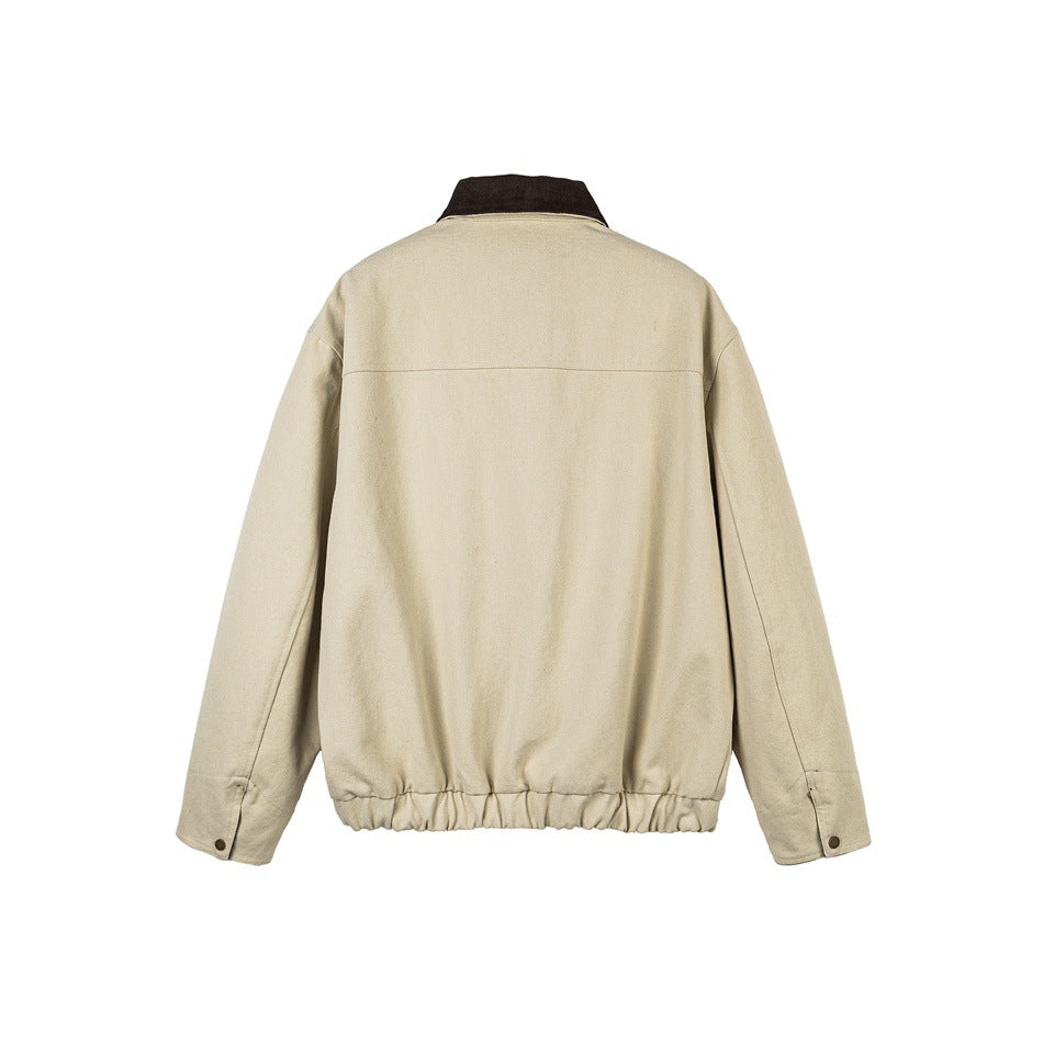 Back view of a cream jacket with a dark brown collar, long sleeves, and gathered hem, shown flat.