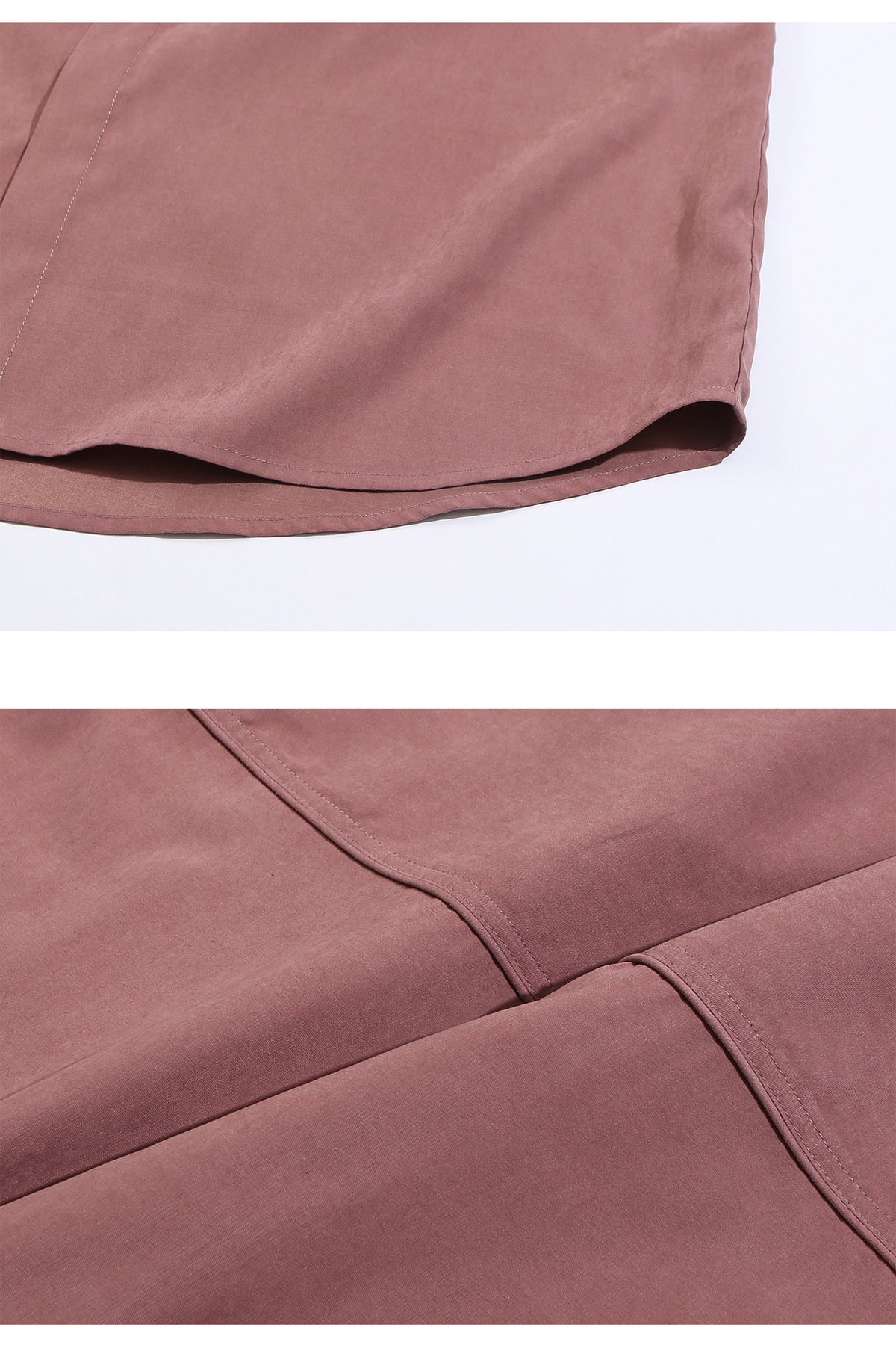 Close-ups show the dusty mauve shirt's curved hem and stitched panel seams.