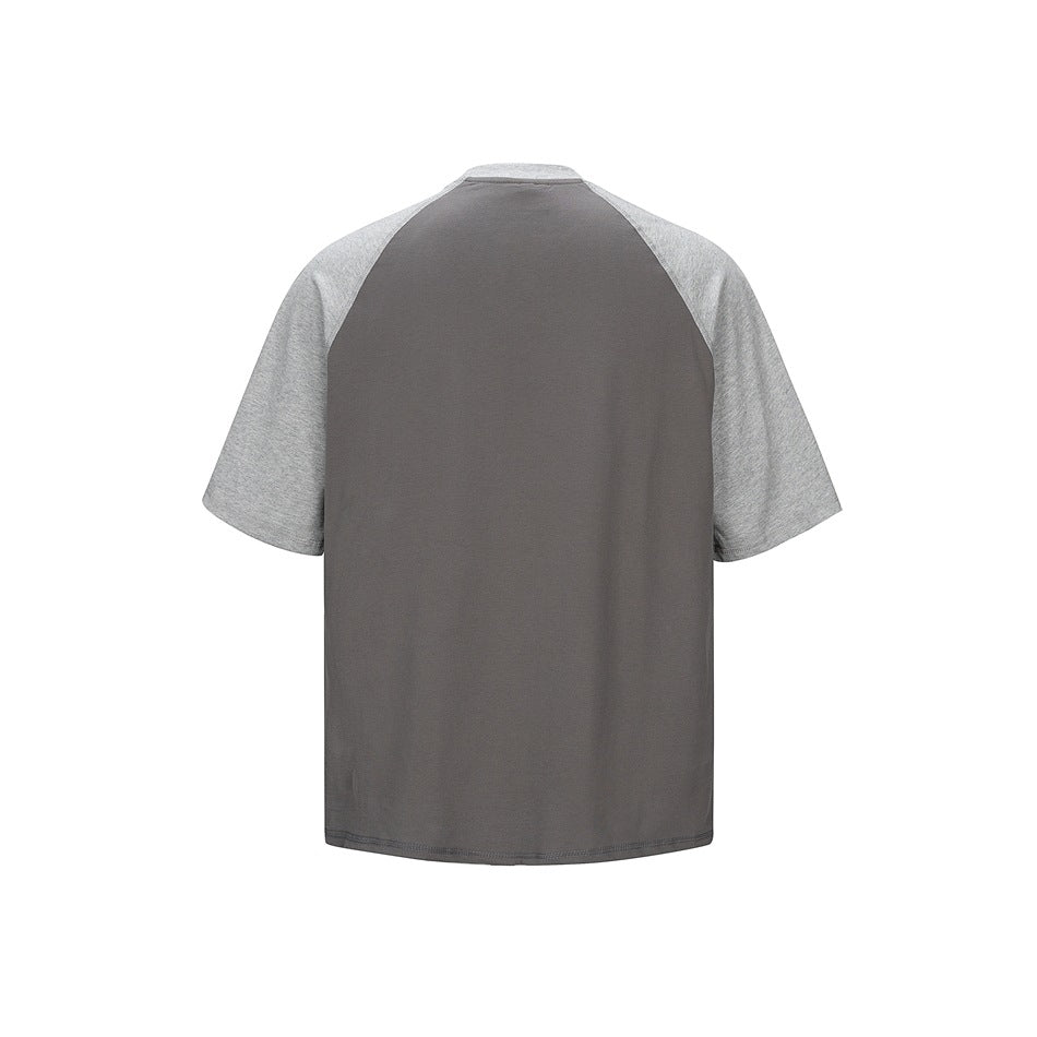 Back view of a charcoal raglan T-shirt with heather-gray short sleeves.