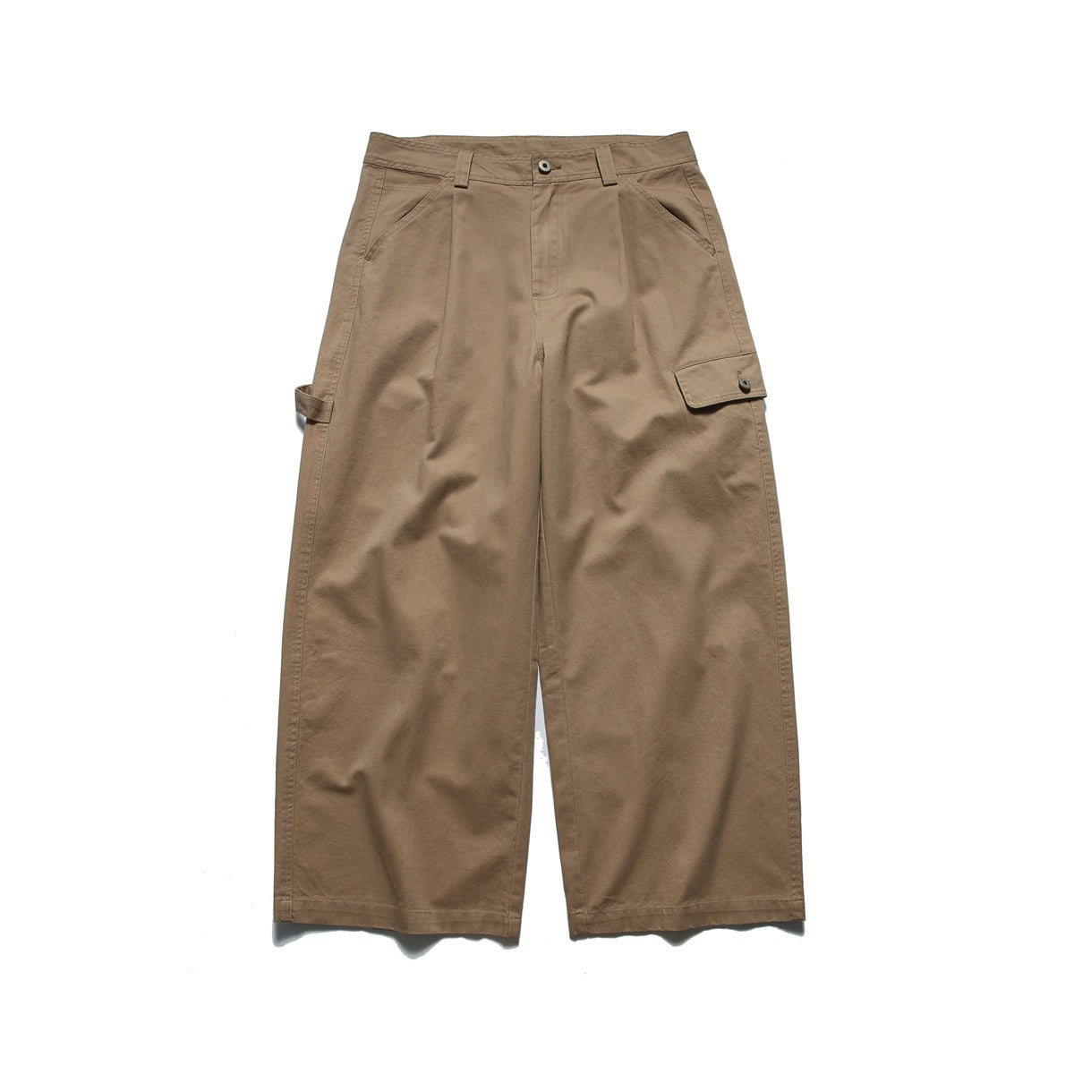 Khaki wide-leg pants laid flat, front view, with pleat, button fly, and side flap pocket