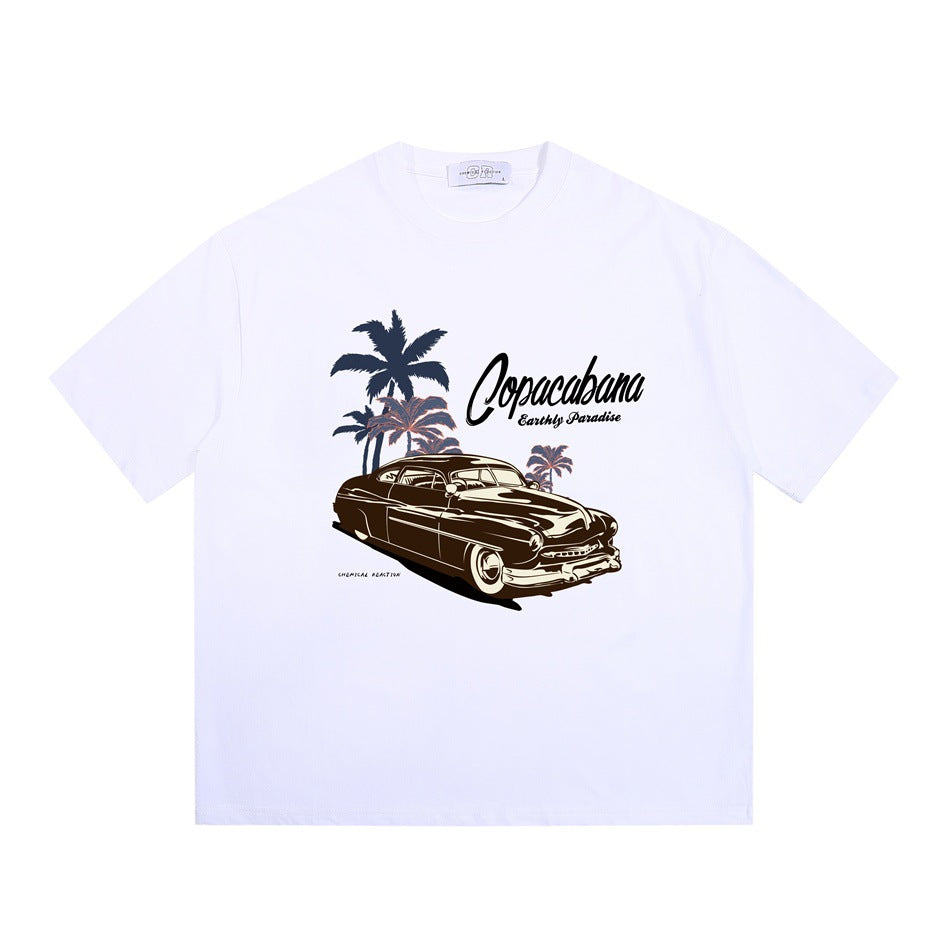 White short-sleeve crew neck T-shirt with vintage car, palm trees and Copacabana Earthly Paradise print