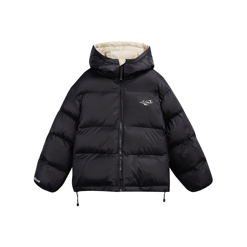 Black hooded puffer jacket, front view, with zipper, quilted channels, cream hood lining and drawstring hem