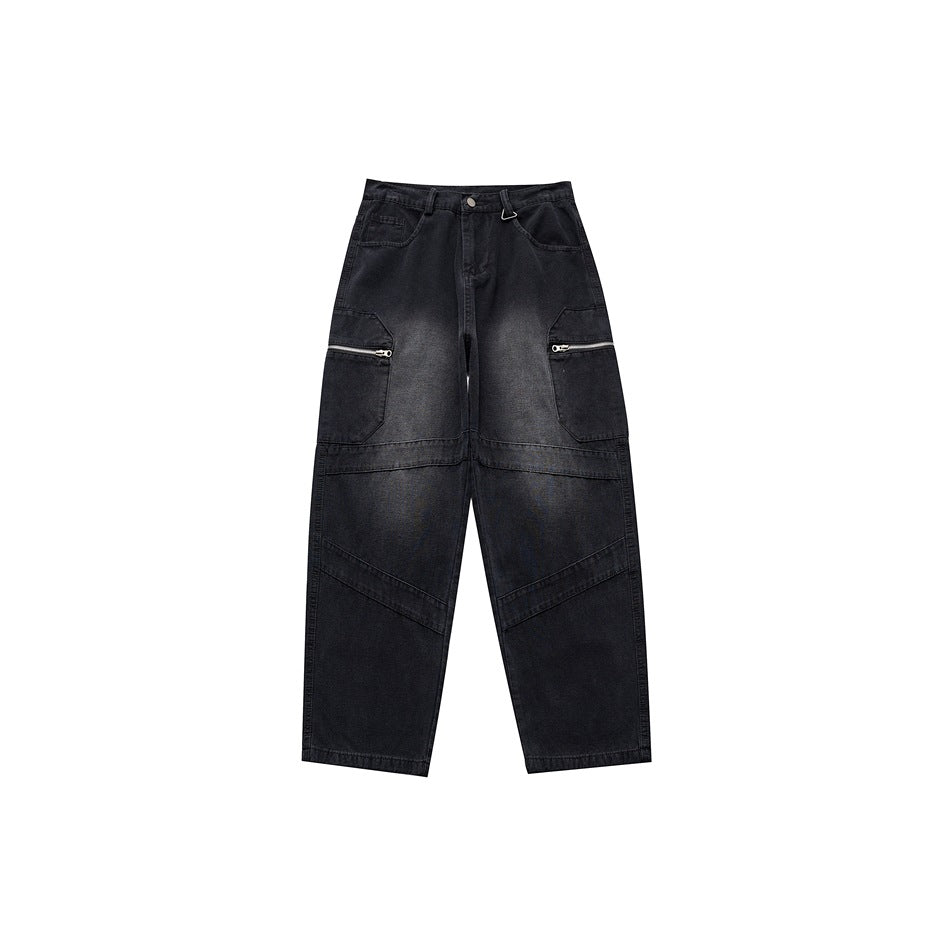Black faded wide-leg cargo pants with zip thigh pockets and paneled knees, front view on white background