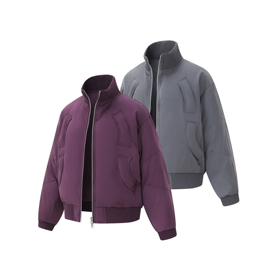 Purple and dark gray padded jackets shown together with front zips partly open