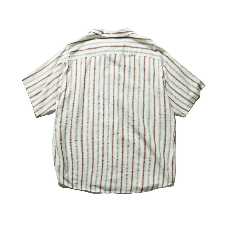 Back view of cream short-sleeve shirt with brown and gray-green stripes and a yoke seam, flat lay